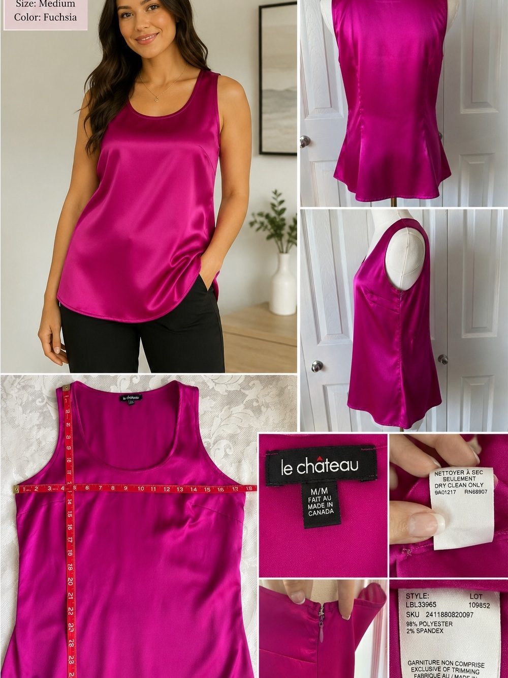 Le Château Fuchsia Satin Sleeveless Blouse Size Medium Made in Canada Barbiecore